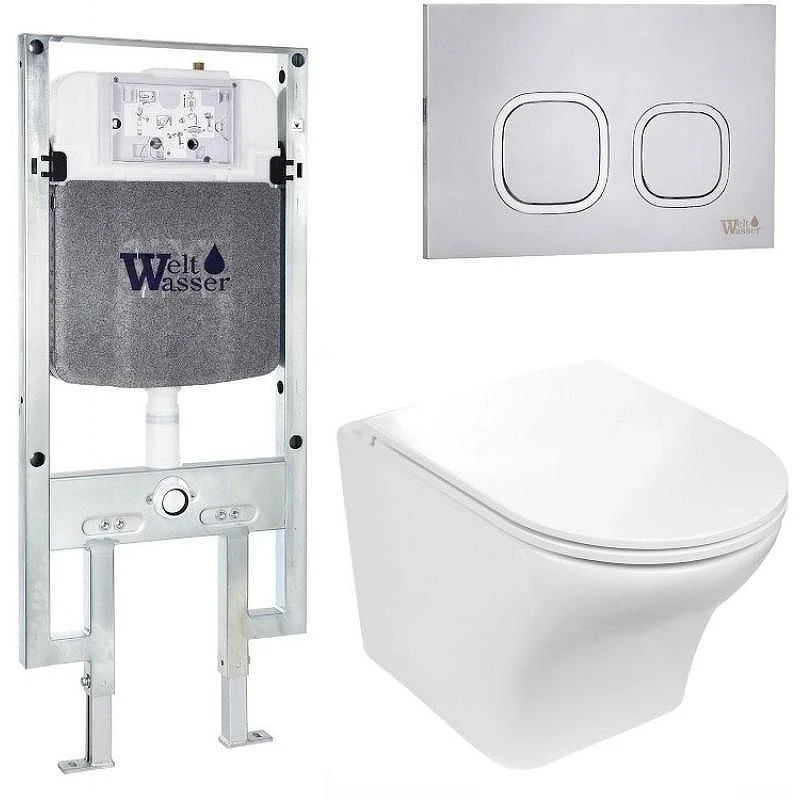 Комплект унитаза с инсталляцией WeltWasser AMBERG 497 ST + ODENBACH 004 GL-WT + AMBERG RD-MT CR 10000006741 цвет Белый глянцевый с сиденьем Микролифт и клавишей смыва цвет Хром матовый