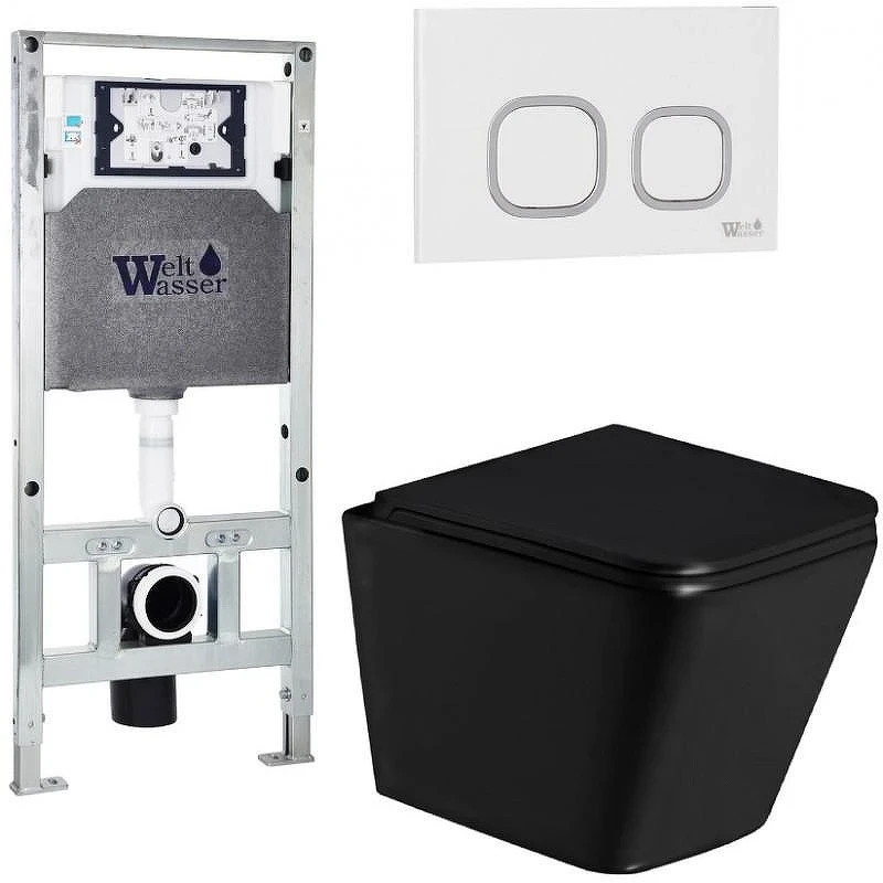 Комплект унитаза с инсталляцией WeltWasser AMBERG 506 ST + GELBACH 043 GL-BL + AMBERG RD-WT 10000011949 цвет Черный глянцевый с сиденьем Микролифт и клавишей смыва цвет Белый