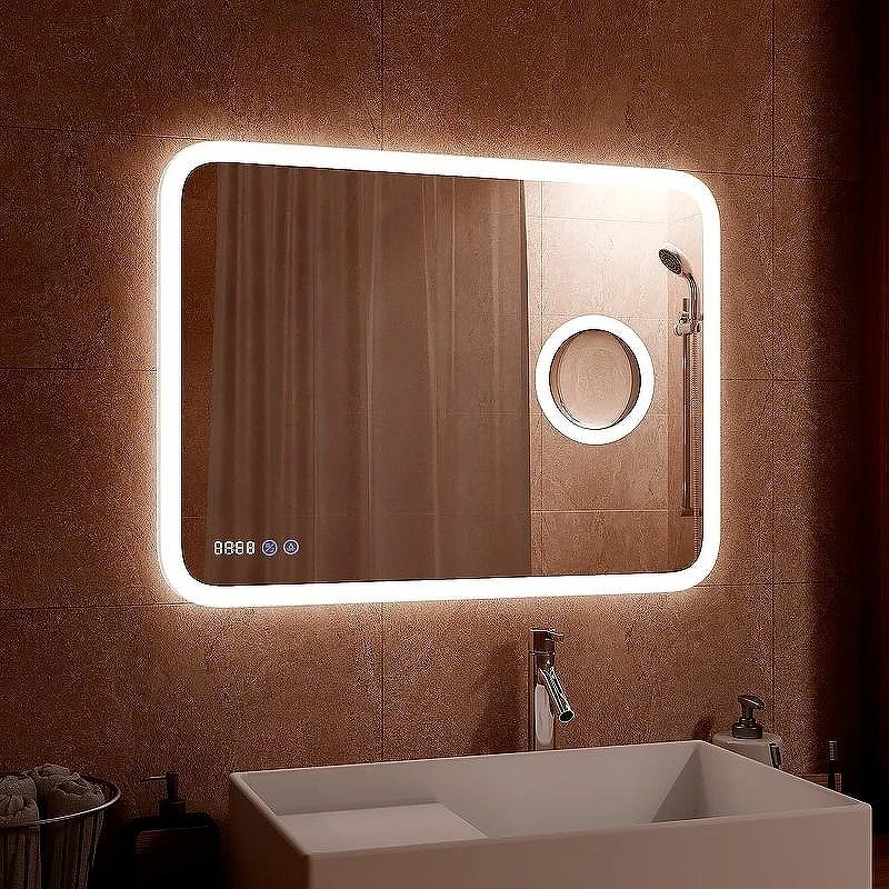 Зеркало Континент Bliss 800х700 ЗЛП403 с подсветкой с сенсорным выключателем с увеличительным зеркалом с подогревом с часами