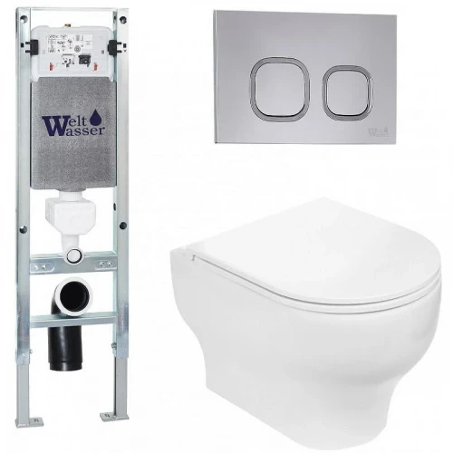 Комплект унитаза с инсталляцией WeltWasser AMBERG 350 ST + ERLENBACH 004 GL-WT + AMBERG RD-CR 10000006509 цвет Белый глянцевый с сиденьем Микролифт и клавишей смыва цвет Хром