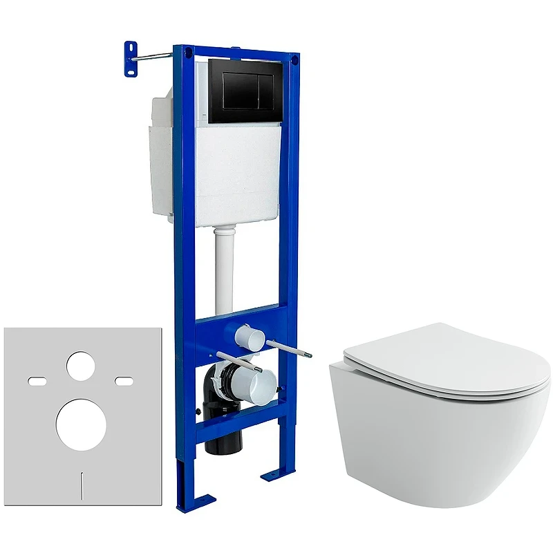 Комплект унитаза Ceramicanova Uno Rimless CN11001 с инсталляцией Berges Atom 410 040332 с сиденьем Микролифт и Черной матовой клавишей смыва фарфор подвесной