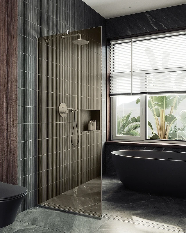Душевая перегородка Maybah Glass MGD-702-5у 690x1950 в узком профиле Хром матовый стекло бронзовое