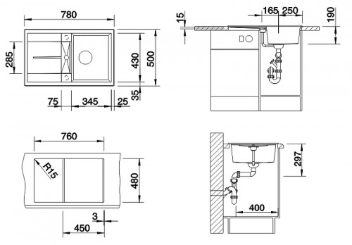 Кухонная мойка Blanco Metra 45 S 513035 Антрацит искусственный камень (литьевой мрамор) встраиваемый