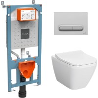 Комплект унитаза с инсталляцией Vitra Integra Square 9856B003-7206 с сиденьем Микролифт и клавишей смыва Хром матовый фарфор подвесной