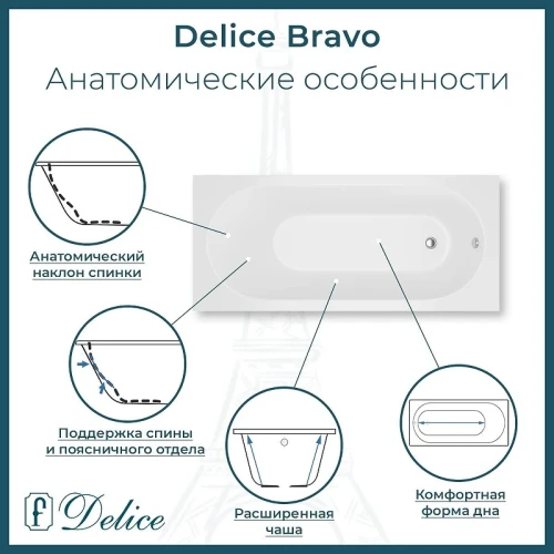 Ванна из искусственного камня Delice Bravo 180х70 DLR330064R-G цвет Белый глянцевый с ручками Хром