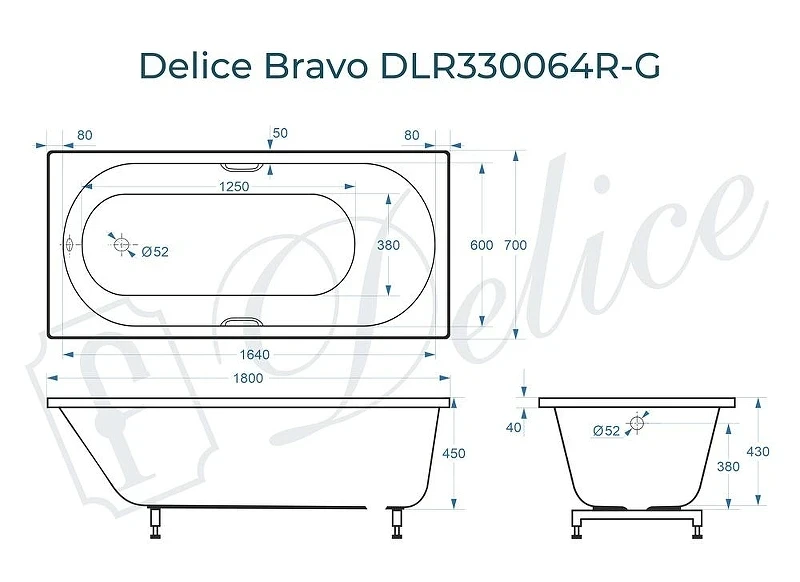 Ванна из искусственного камня Delice Bravo 180х70 DLR330064R-G цвет Белый глянцевый с ручками Хром