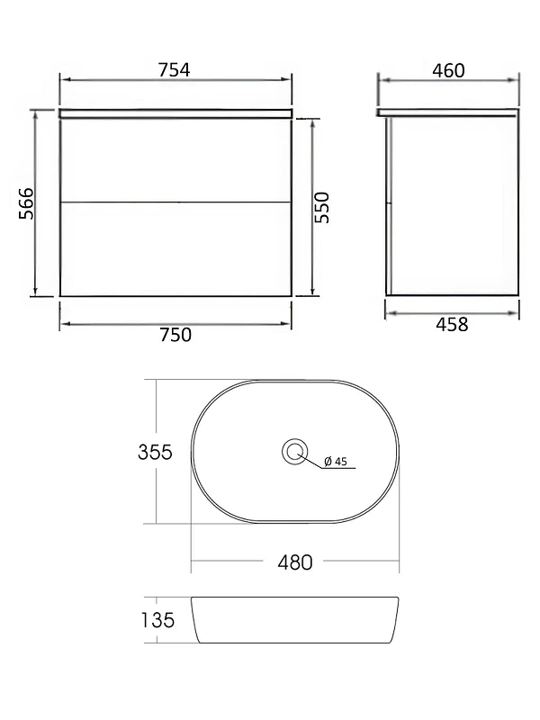 Тумба с раковиной Orange Otto 75 Ot-75TuMDF+B05-480W подвесная цвет Белый глянец