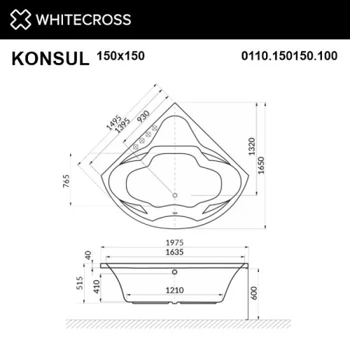 Акриловая ванна Whitecross Konsul 150x150 0110.150150.100.RELAX.WH цвет Белый с гидромассажем форсунки Белые