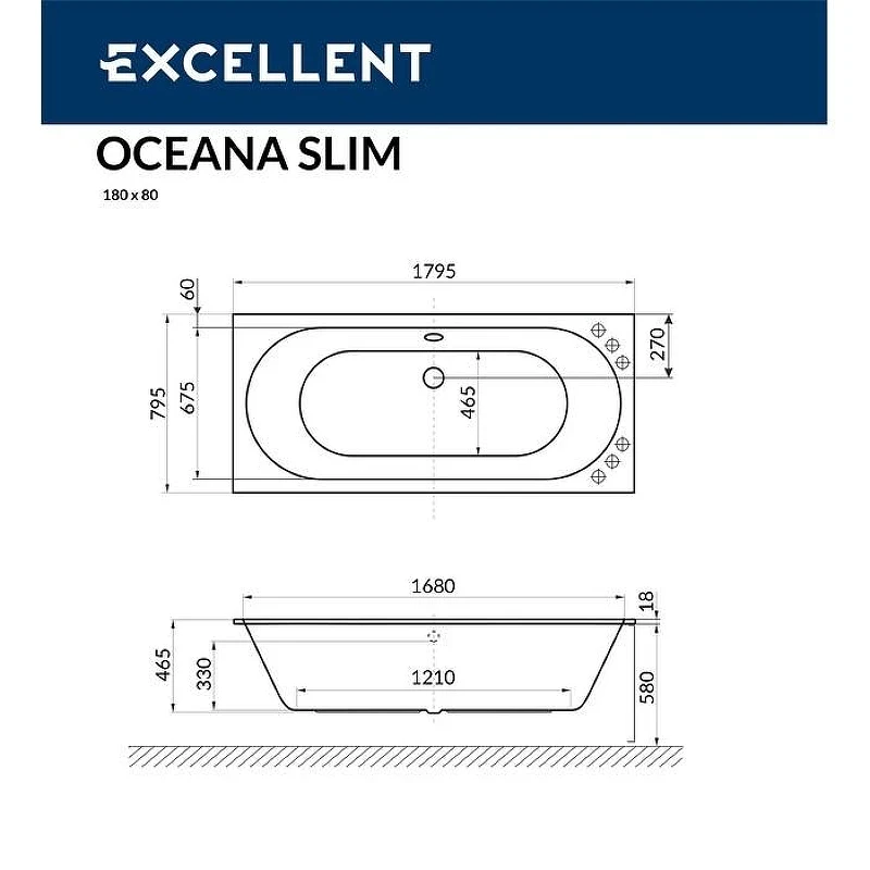 Акриловая ванна Excellent Oceana Slim 180x80 WAEX.OCE18S.LINE.WH цвет Белый с гидромассажем форсунки Белые
