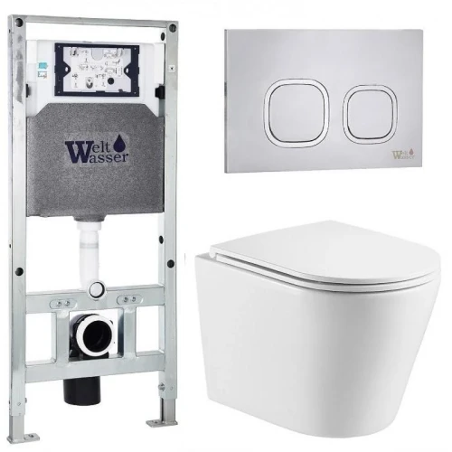 Комплект унитаза с инсталляцией WeltWasser AMBERG 506 ST + SALZBACH 043 GL-WT + AMBERG RD-MT CR 10000011506 цвет Белый глянцевый с сиденьем Микролифт и клавишей смыва цвет Хром матовый