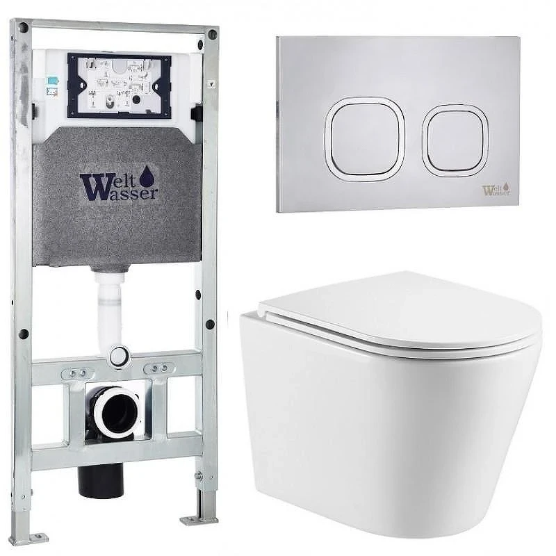 Комплект унитаза с инсталляцией WeltWasser AMBERG 506 ST + SALZBACH 043 GL-WT + AMBERG RD-MT CR 10000011506 цвет Белый глянцевый с сиденьем Микролифт и клавишей смыва цвет Хром матовый
