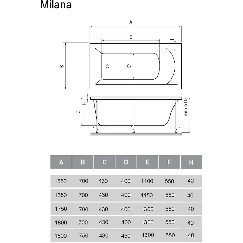Акриловая ванна Vayer Milana 155x70 Гл000024269 без гидромассажа, с каркасом VPK17070