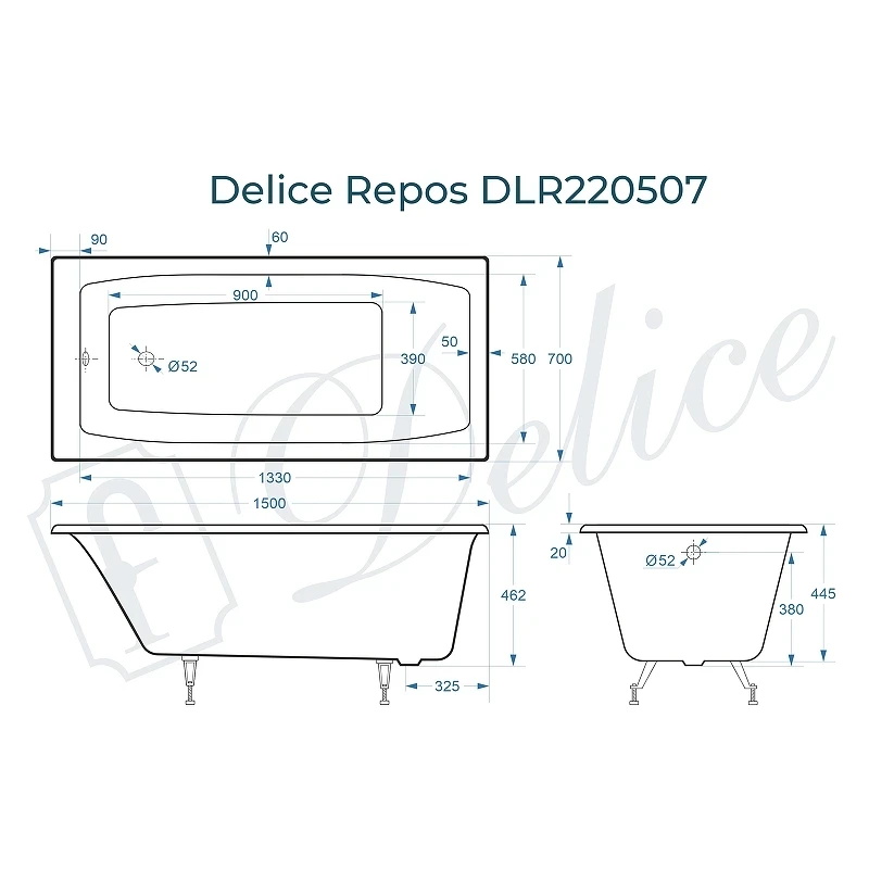 Чугунная ванна Delice Repos 150x70 DLR220507 без отверстий под ручки и антискользящего покрытия