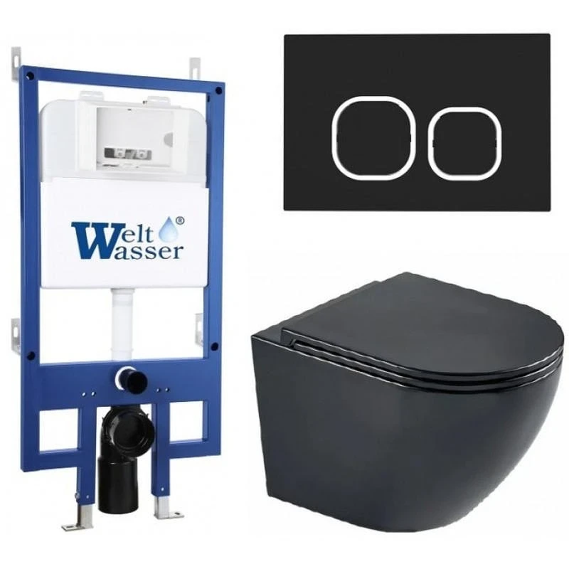 Комплект унитаза с инсталляцией WeltWasser BAMBERG 545 + MERZBACH 043 MT-BL + BAMBERG BL 10000012907 цвет Черный матовый с сиденьем Микролифт и клавишей смыва цвет Черный