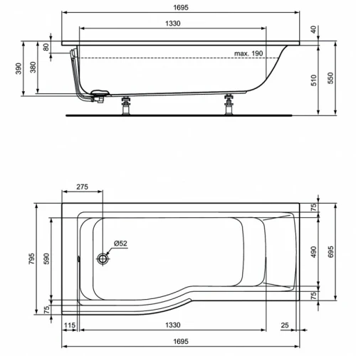 Акриловая ванна Ideal Standard Connec Air 170х80 L E113401 цвет Euro White / Евробелый