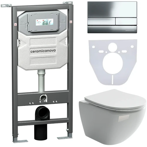 Комплект унитаза с инсталляцией Ceramicanova Metropol CN4002_1002CH_1000 с сиденьем Микролифт и клавишей смыва Хром глянцевый фарфор подвесной