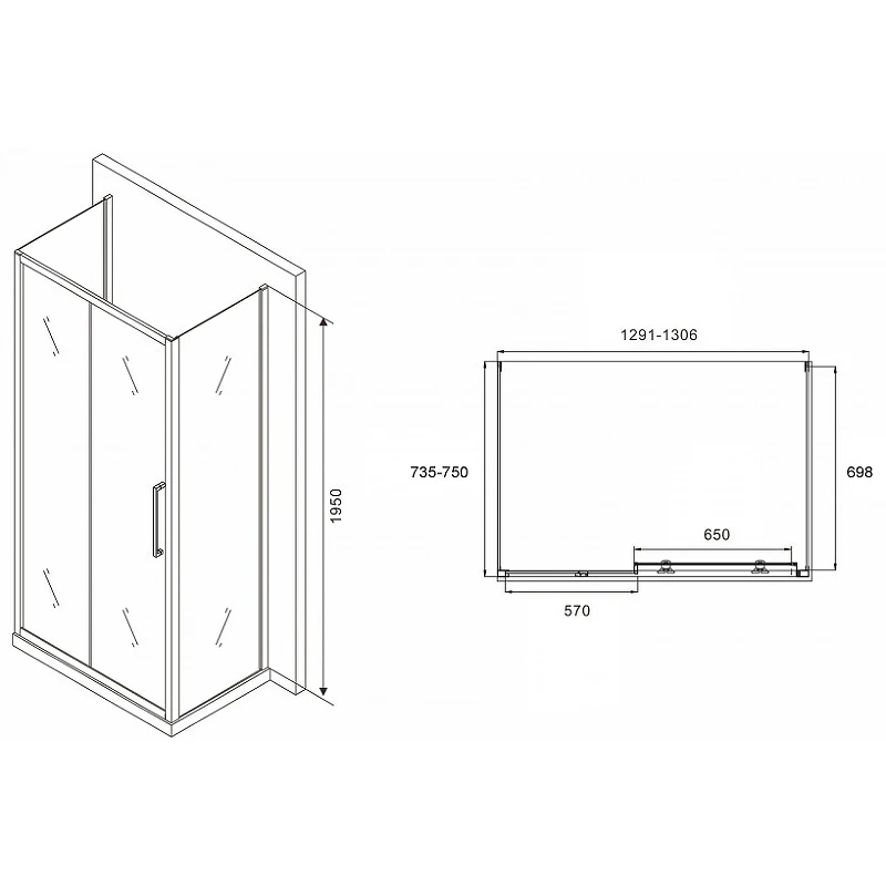 Душевой уголок Abber Schwarzer Diamant 130x75 AG30130BH-S75B-S75B профиль Черный стекло прозрачное