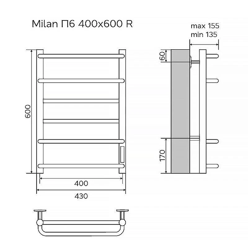 Электрический полотенцесушитель Azario Milan 400x600 П6 AZ90846W диммер справа Белый