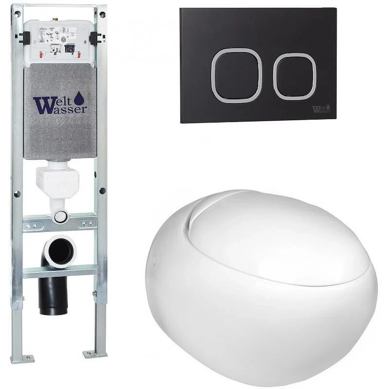 Комплект унитаза с инсталляцией WeltWasser AMBERG 350 ST + JECKENBACH 004 GL-WT + AMBERG RD-BL 10000006534 цвет Белый глянцевый с сиденьем Микролифт и клавишей смыва цвет Черный