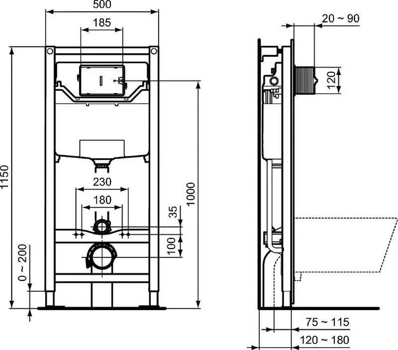 Комплект унитаза с инсталляцией Ideal Standard Eurovit Prosys K881201PT15 с сиденьем Микролифт без клавиши смыва фарфор подвесной