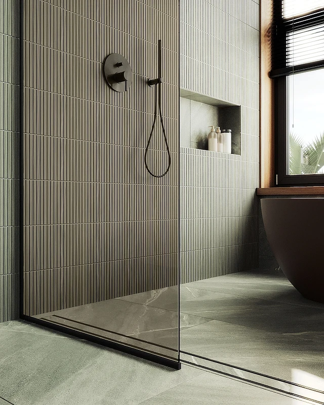 Душевая перегородка Maybah Glass MGD-702-6у 690x1950 в узком профиле Черный стекло бронзовое
