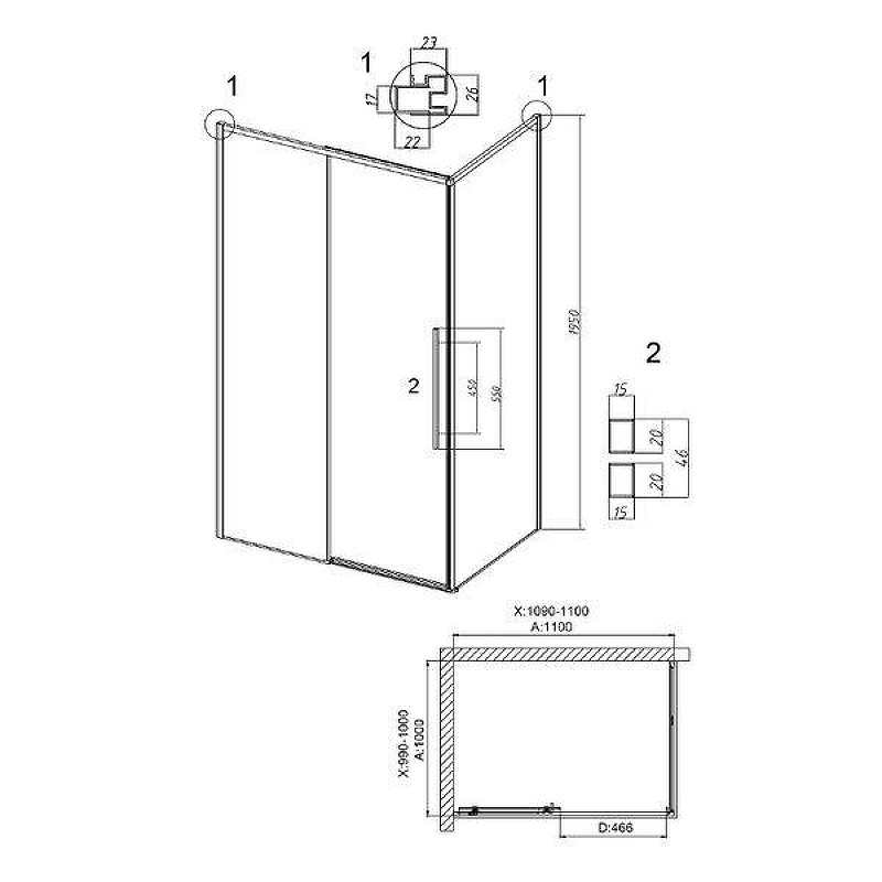 Душевой уголок Grossman Galaxy 110x100 120.K33.01.1110.42.10 профиль Графит сатин стекло тонированное