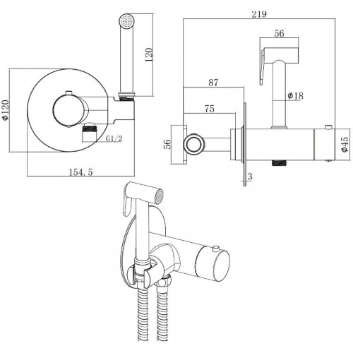 Гигиенический душ со смесителем Allen Brau Thermo rund 5.60001-31 с термостатом Черный матовый латунь на стену