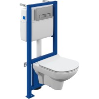 Комплект унитаза с инсталляцией Cersanit City 64075 с сиденьем Микролифт и клавишей смыва Хром матовый фарфор подвесной