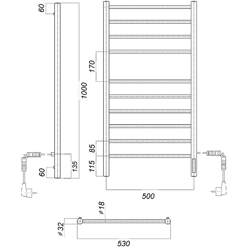 Электрический полотенцесушитель Domoterm Медея П10 500x1000 EK R Хром нержавеющая сталь