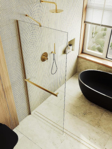 Душевая перегородка Maybah Glass MGD-1418-3ш 990х1950 в широком профиле с полотенцедержателем Золото стекло прозрачное