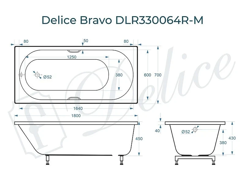 Ванна из искусственного камня Delice Bravo 180х70 DLR330064R-M цвет Белый матовый с ручками Хром