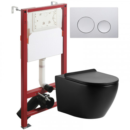 Комплект унитаза с инсталляцией Agger ATI03144+APB100 с сиденьем Микролифт и клавишей смыва Хром глянцевый фарфор подвесной