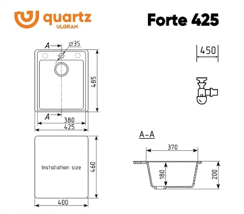 Кухонная мойка Ulgran Quartz Forte 425-07 Уголь искусственный камень (литьевой мрамор) встраиваемый