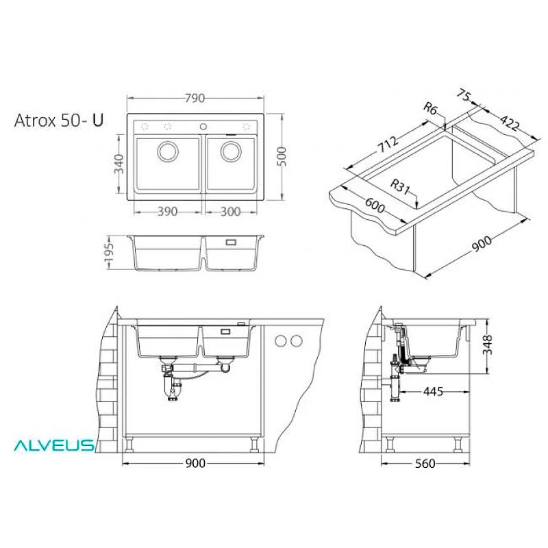 Кухонная мойка Alveus Granital Atrox 50 Arctic G11 790x500 1131997 Белая искусственный камень (литьевой мрамор) встраиваемая сверху, встраиваемая снизу