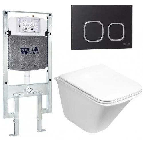 Комплект унитаза с инсталляцией WeltWasser AMBERG 497 ST + ROTBACH 004 GL-WT + AMBERG RD-BL 10000006743 цвет Белый глянцевый с сиденьем Микролифт и клавишей смыва цвет Черный