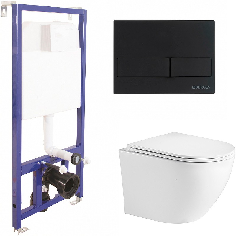 Комплект унитаза WeltWasser Merzbach 043 GL-WT 10000009939 с инсталляцией Berges Novum L5 040215 с сиденьем Микролифт и Черной матовой клавишей смыва фаянс подвесной