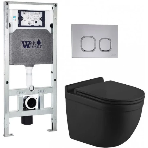 Комплект унитаза с инсталляцией WeltWasser AMBERG 506 ST + HEIMBACH 043 MT-BL + AMBERG RD-CR 10000012242 цвет Черный матовый с сиденьем Микролифт и клавишей смыва цвет Хром