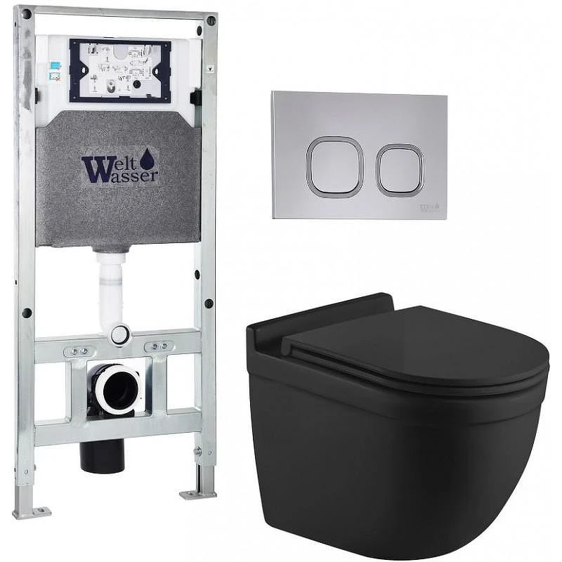 Комплект унитаза с инсталляцией WeltWasser AMBERG 506 ST + HEIMBACH 043 MT-BL + AMBERG RD-CR 10000012242 цвет Черный матовый с сиденьем Микролифт и клавишей смыва цвет Хром