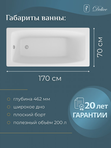 Чугунная ванна Delice Repos 170x70 DLR220508 без отверстий под ручки и антискользящего покрытия