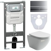Комплект унитаза с инсталляцией Ceramicanova Metropol CN4002_1002M_1000 с сиденьем Микролифт и клавишей смыва Хром матовый фарфор подвесной