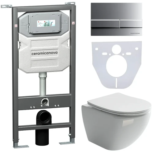 Комплект унитаза с инсталляцией Ceramicanova Metropol CN4002_1002M_1000 с сиденьем Микролифт и клавишей смыва Хром матовый фарфор подвесной