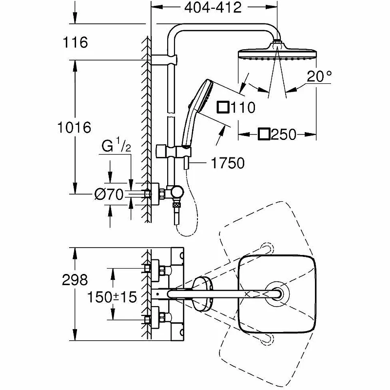 Душевая система Grohe Tempesta Cube 250 26689001 с термостатом Хром латунь на стену