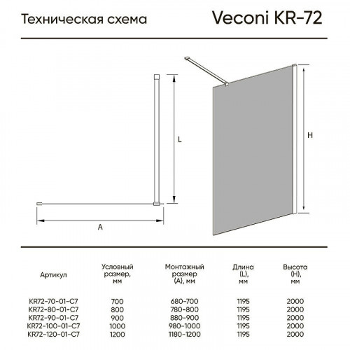 Душевая перегородка Veconi Korato KR-72B 80 KR72B-80-01-C7 профиль цвет Черный матовый стекло прозрачное