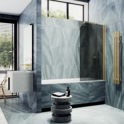 Шторка на ванну Maybah Glass MGV-619-3 700x1400 поворотная на монопетле Золото стекло графитовое матовое