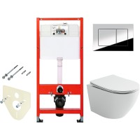 Комплект унитаза Ceramicanova Uno Rimless CN11001 с инсталляцией Tece Profil 9400412 с сиденьем Микролифт и клавишей смыва Хром глянцевый фарфор подвесной