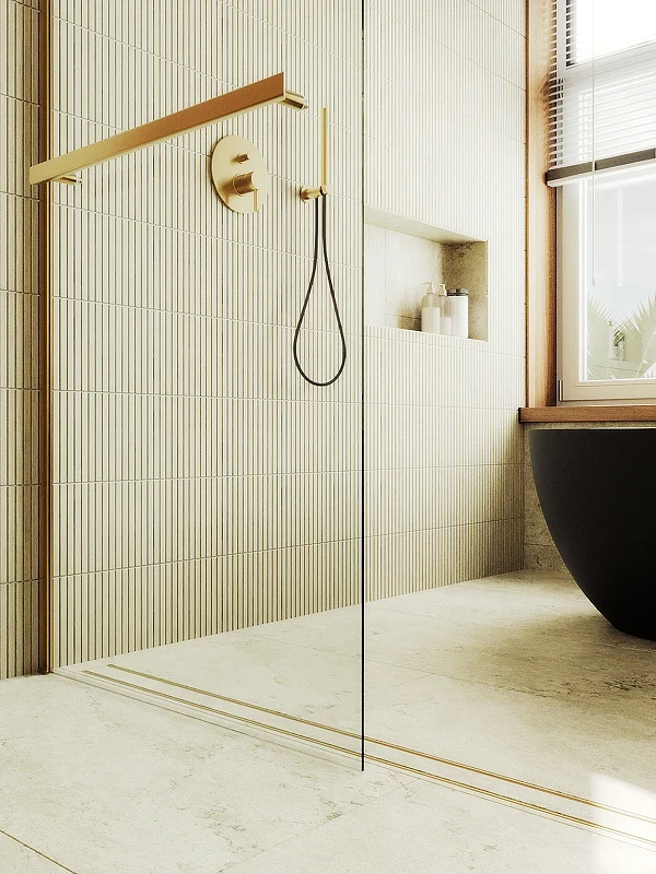 Душевая перегородка Maybah Glass MGD-708-3ш 1090x1950 в широком профиле Золото стекло прозрачное