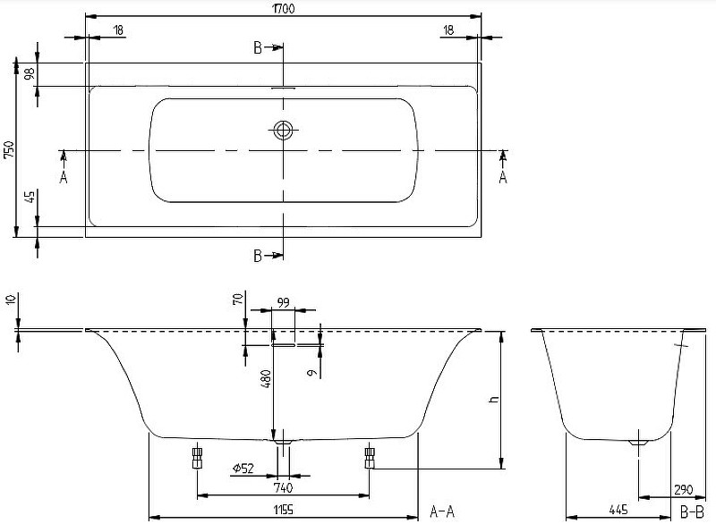 Квариловая ванна Villeroy&Boch Subway 3.0 170х75 UBQ170SBW2DV-01 без гидромассажа