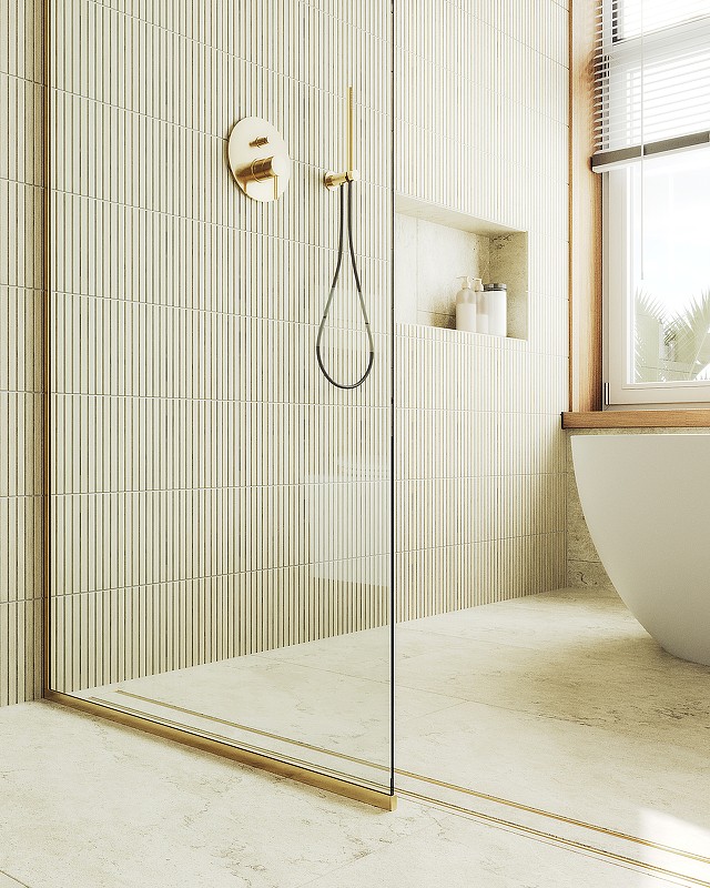 Душевая перегородка Maybah Glass MGD-695-3у 790x1950 в узком профиле Золото стекло прозрачное