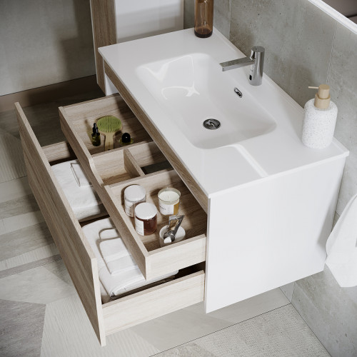 Тумба под раковину Sancos Smart 100 SM100E подвесная Дуб Бардолино Белая МДФ / ЛДСП