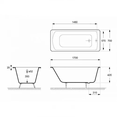 Чугунная ванна Delice Prestige 170x70 DLR230624R с отверстиями под ручки без антискользящего покрытия